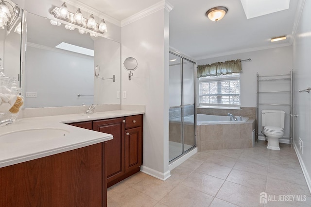 full bathroom with crown molding, double vanity, a stall shower, and a sink