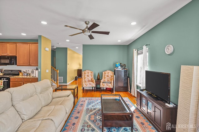 36 Andrews Way, Piscataway, NJ 08854 - living room with stairs, ceiling fan, recessed lighting, and wood finished floors