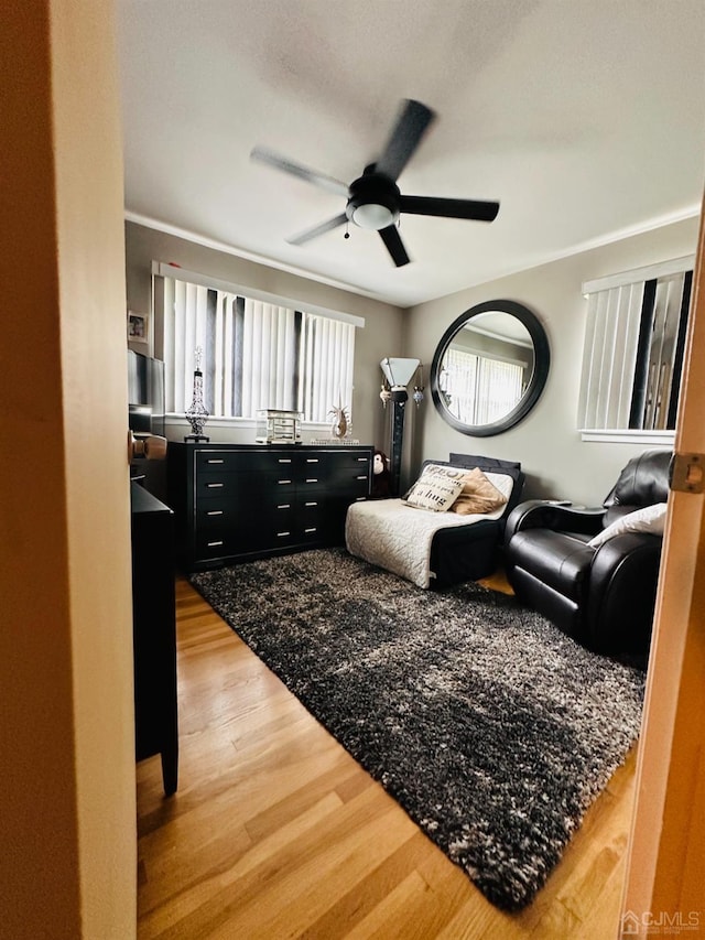 living room featuring ceiling fan and hardwood / wood-style floors