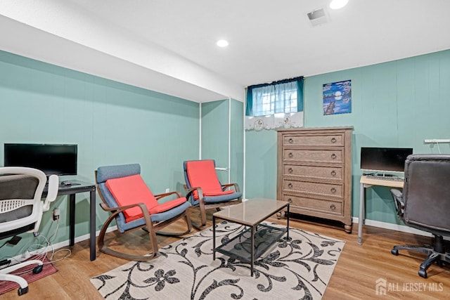 home office featuring recessed lighting, visible vents, and wood finished floors