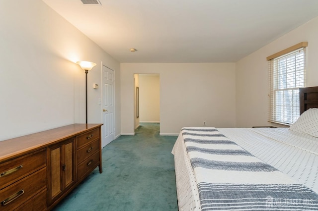 bedroom with visible vents, baseboards, and dark carpet