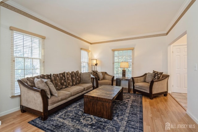 living room featuring light wood-type flooring, plenty of natural light, and crown molding