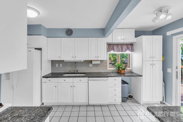 3 Topaz Ln, Iselin, NJ 08830 - kitchen with white appliances, light tile patterned floors, and white cabinets