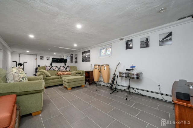 1156 Kline Pl, Rahway, NJ 07065 - living room featuring recessed lighting, a baseboard radiator, ornamental molding, tile patterned flooring, and a textured ceiling