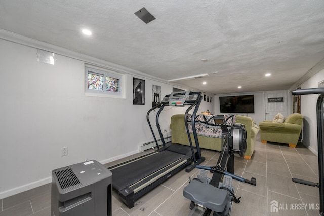 1156 Kline Pl, Rahway, NJ 07065 - workout room featuring baseboard heating, recessed lighting, and a textured ceiling