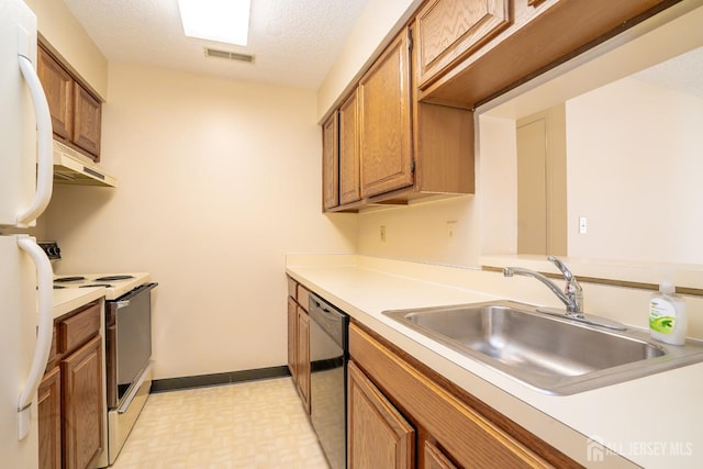 5108 Ravens Crest Dr, Plainsboro, NJ 08536 - kitchen with white appliances, a sink, under cabinet range hood, light countertops, and a textured ceiling