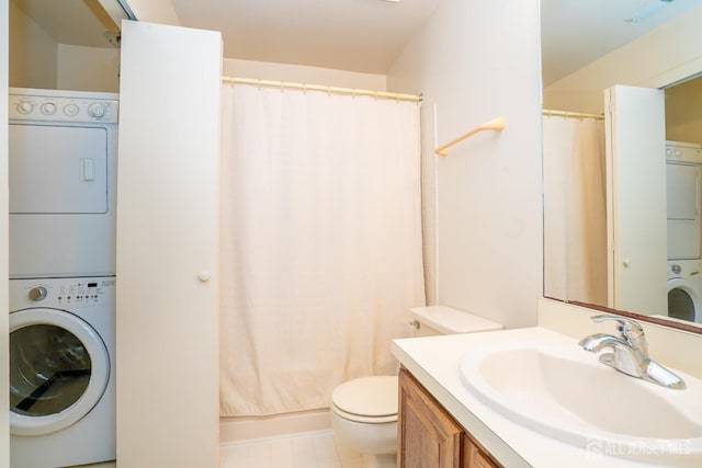 5108 Ravens Crest Dr, Plainsboro, NJ 08536 - bathroom featuring stacked washing machine and dryer, toilet, and vanity