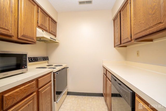 5108 Ravens Crest Dr, Plainsboro, NJ 08536 - kitchen featuring white range with electric stovetop, under cabinet range hood, black dishwasher, light countertops, and brown cabinetry