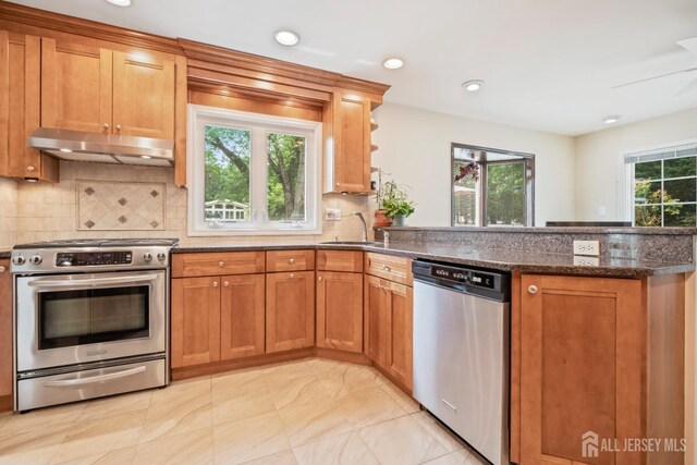 44 Frost Ave, East Brunswick, NJ 08816 - kitchen with stainless steel appliances, under cabinet range hood, a peninsula, a sink, and backsplash