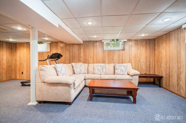 44 Frost Ave, East Brunswick, NJ 08816 - living area featuring carpet floors, wooden walls, recessed lighting, and a paneled ceiling