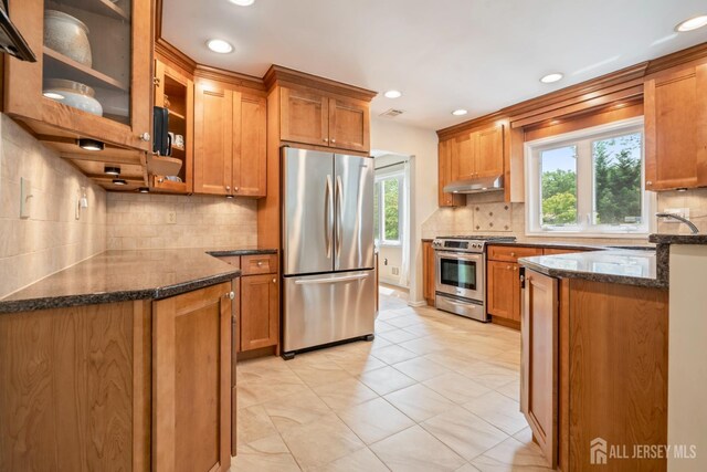 44 Frost Ave, East Brunswick, NJ 08816 - kitchen with appliances with stainless steel finishes, under cabinet range hood, a sink, brown cabinets, and dark stone counters