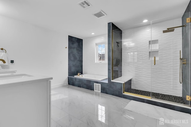 131-B Dutch Rd, East Brunswick, NJ 08816 - bathroom featuring a bath, marble finish flooring, a stall shower, recessed lighting, and vanity