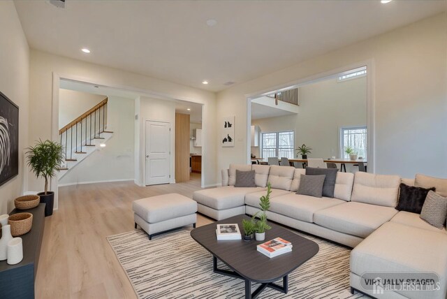 90 Hancock Rd, Piscataway, NJ 08854 - living area featuring light wood-style flooring, stairway, and recessed lighting