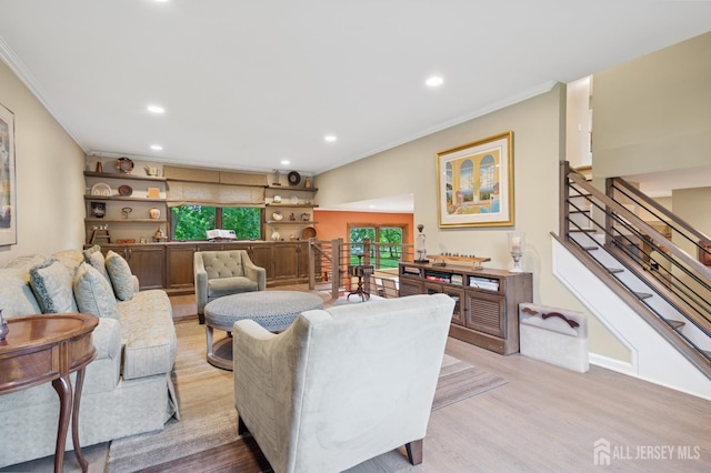 6 Steven Rd, South Brunswick, NJ 08824 - living area featuring ornamental molding, stairs, light wood finished floors, and recessed lighting
