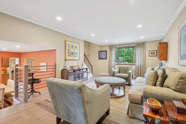 6 Steven Rd, South Brunswick, NJ 08824 - living room featuring recessed lighting, crown molding, light wood-type flooring, and stairway