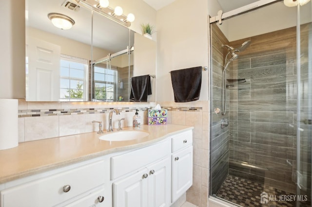 415 Lorillard Ave, Union Beach, NJ 07735 - bathroom featuring backsplash, visible vents, a shower stall, and vanity