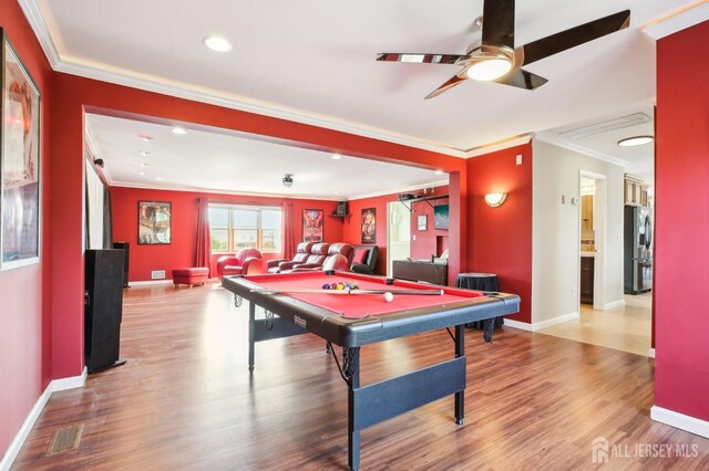 415 Lorillard Ave, Union Beach, NJ 07735 - recreation room featuring ornamental molding, wood finished floors, baseboards, ceiling fan, and pool table