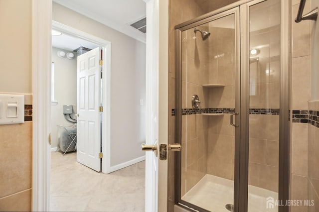 415 Lorillard Ave, Union Beach, NJ 07735 - bathroom featuring visible vents, tile patterned floors, and a stall shower