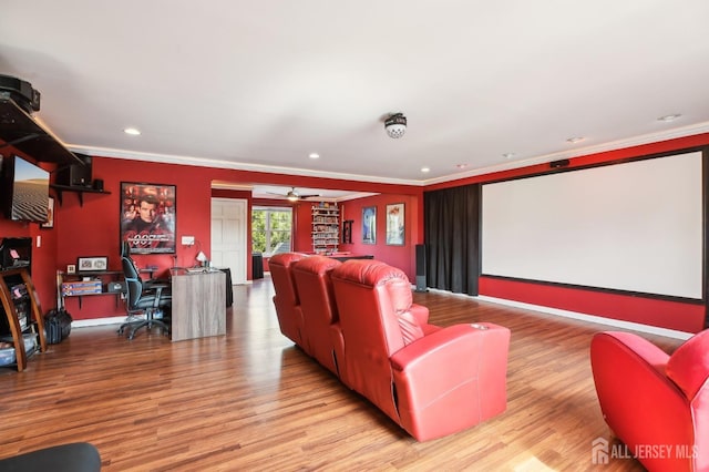 415 Lorillard Ave, Union Beach, NJ 07735 - home theater with crown molding, wood finished floors, a ceiling fan, and recessed lighting