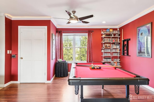 415 Lorillard Ave, Union Beach, NJ 07735 - recreation room featuring crown molding, ceiling fan, baseboards, and wood finished floors