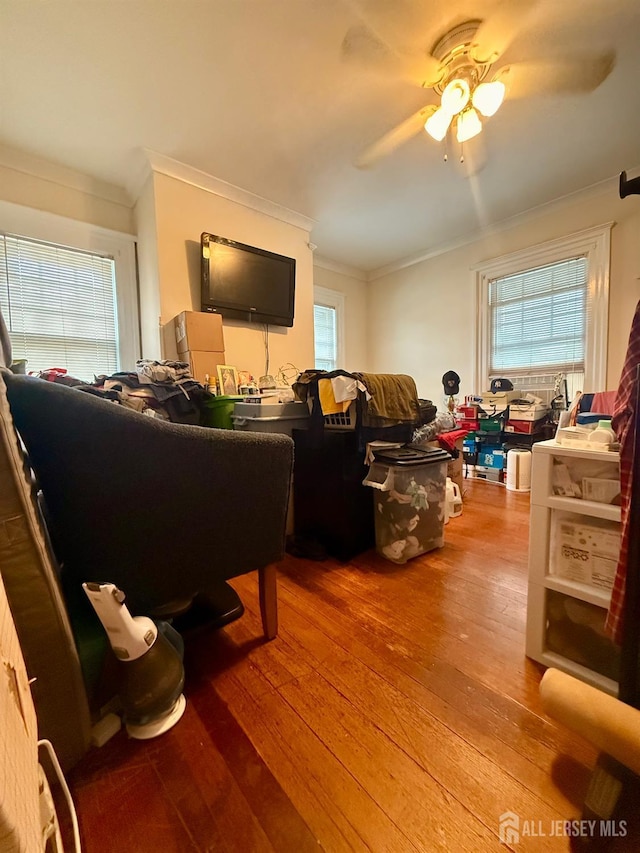 451 E Main St, Somerville, NJ 08876 - living room featuring ornamental molding, wood-type flooring, and ceiling fan