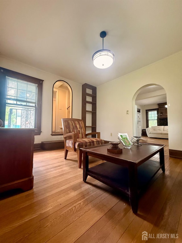 451 E Main St, Somerville, NJ 08876 - living area featuring arched walkways, light wood-style flooring, and baseboards