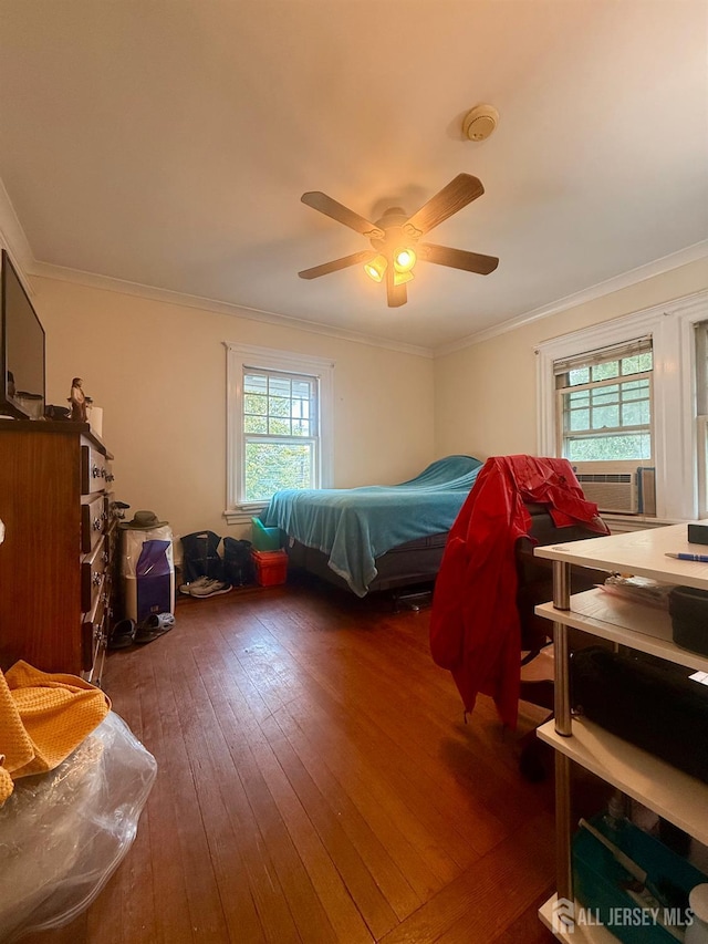 451 E Main St, Somerville, NJ 08876 - bedroom featuring wood-type flooring, cooling unit, crown molding, and ceiling fan