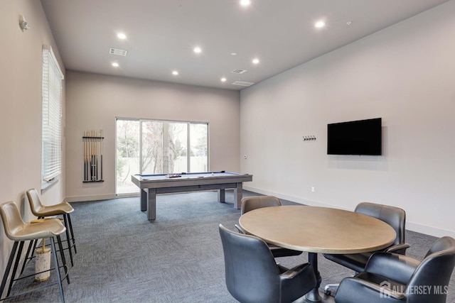 playroom featuring baseboards, visible vents, dark colored carpet, and recessed lighting