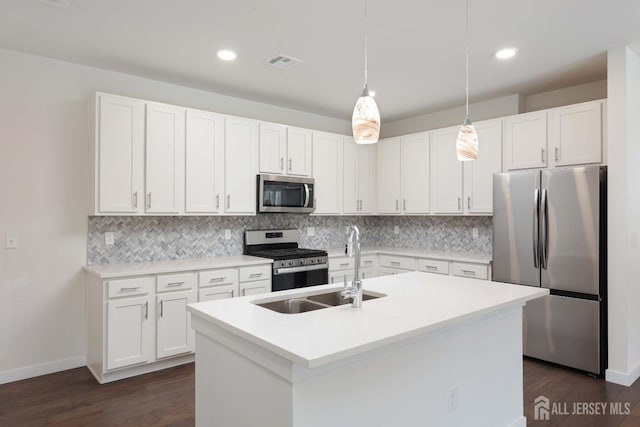 kitchen with visible vents, a sink, appliances with stainless steel finishes, white cabinetry, and tasteful backsplash