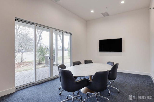 carpeted office featuring visible vents, recessed lighting, and baseboards