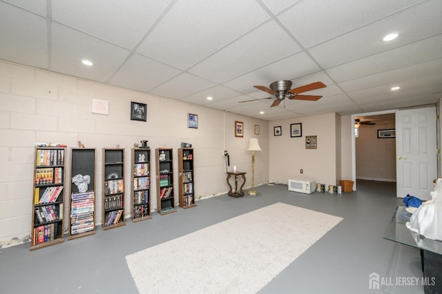 17 Duane St, Jamesburg, NJ 08831 - miscellaneous room with ceiling fan, concrete floors, concrete block wall, recessed lighting, and a paneled ceiling