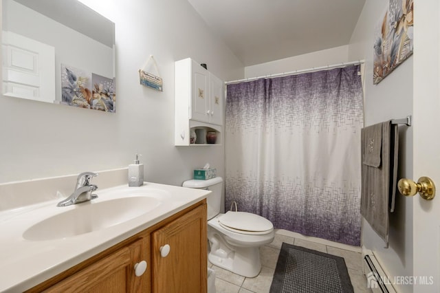 17 Duane St, Jamesburg, NJ 08831 - bathroom with tile patterned floors, a baseboard radiator, vanity, and a shower with shower curtain