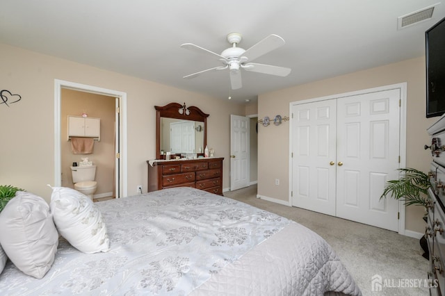 17 Duane St, Jamesburg, NJ 08831 - bedroom featuring light colored carpet, a closet, a ceiling fan, and ensuite bathroom