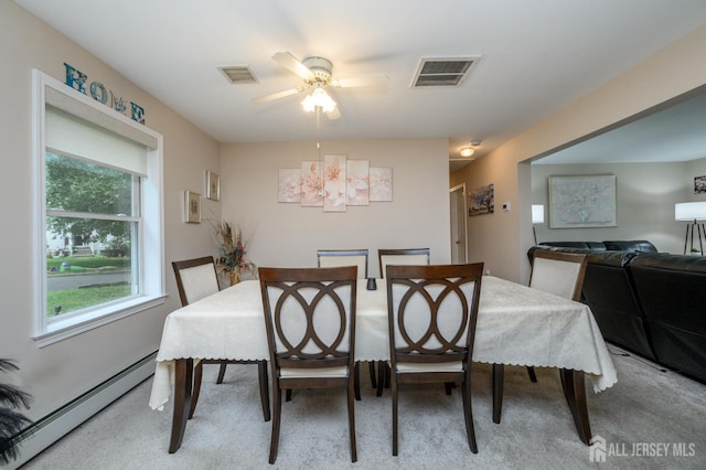 17 Duane St, Jamesburg, NJ 08831 - carpeted dining area with a baseboard heating unit, healthy amount of natural light, and a ceiling fan