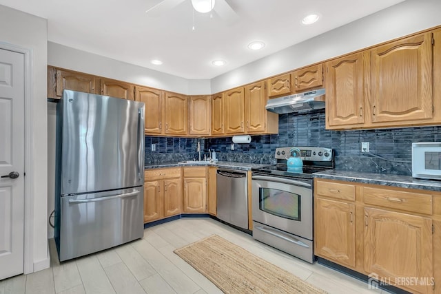 kitchen featuring stainless steel appliances, a sink, under cabinet range hood, and tasteful backsplash