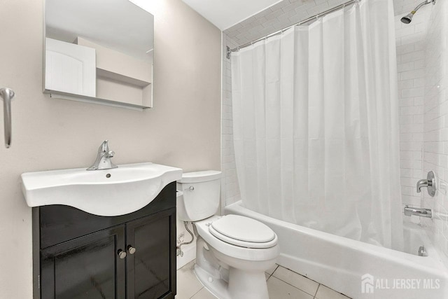 full bathroom with vanity, tile patterned floors, toilet, and shower / bathtub combination with curtain