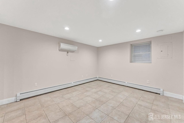 empty room with a wall mounted air conditioner, a baseboard radiator, and light tile patterned flooring