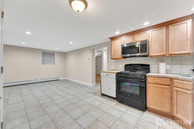 kitchen with dishwasher, a baseboard heating unit, backsplash, gas stove, and light tile patterned flooring