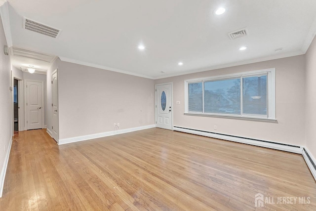 unfurnished living room with a baseboard radiator, crown molding, and light wood-type flooring