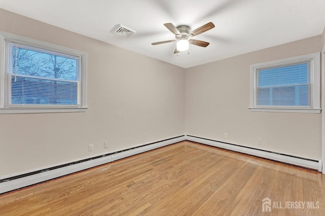 unfurnished room with ceiling fan, light hardwood / wood-style floors, and baseboard heating