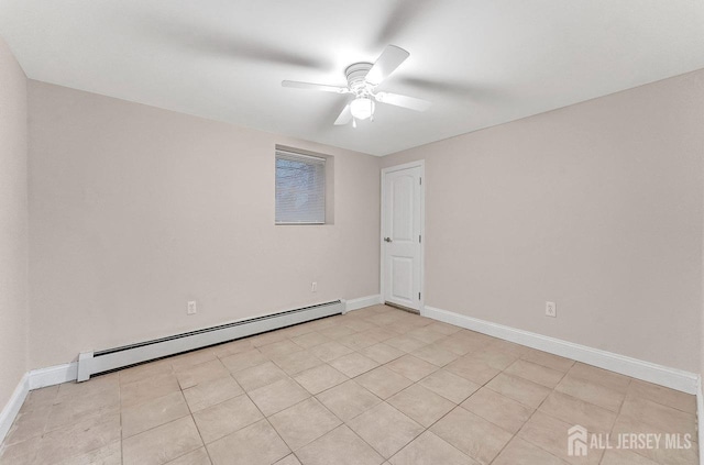 unfurnished room featuring baseboard heating and ceiling fan