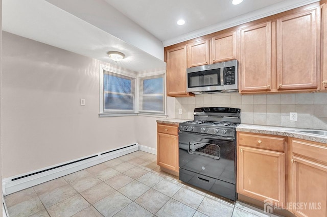 kitchen featuring black gas range oven, light tile patterned floors, tasteful backsplash, light brown cabinetry, and a baseboard radiator