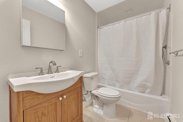 full bathroom with tile patterned flooring, vanity, toilet, and shower / tub combo with curtain