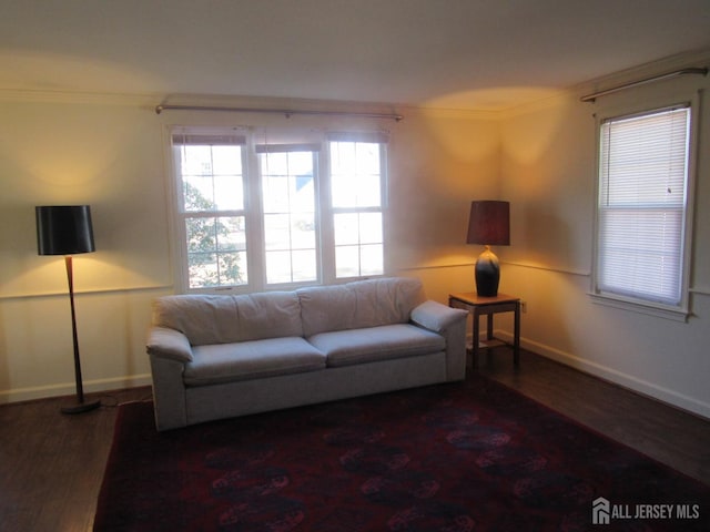 living room featuring baseboards, ornamental molding, and dark wood-type flooring