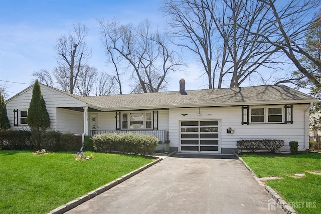 1779 Hughes Ter, Piscataway, NJ 08854 - ranch-style house with a porch, asphalt driveway, a front lawn, a chimney, and a garage