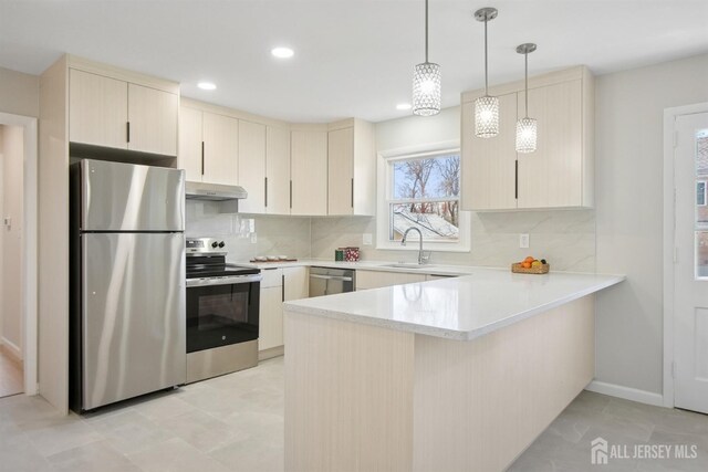 1779 Hughes Ter, Piscataway, NJ 08854 - kitchen featuring stainless steel appliances, under cabinet range hood, a peninsula, tasteful backsplash, and recessed lighting