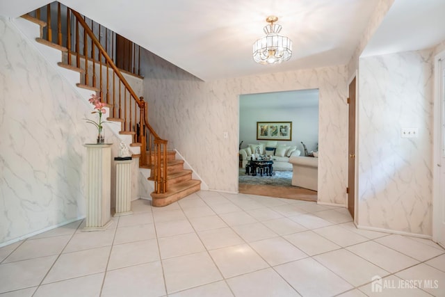 20 Buffalo Run, East Brunswick, NJ 08816 - tiled foyer featuring stairs, a chandelier, and wallpapered walls
