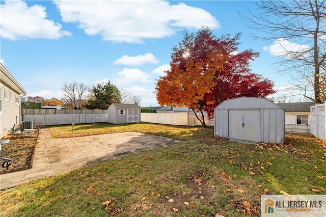 view of yard featuring a patio area and a storage unit