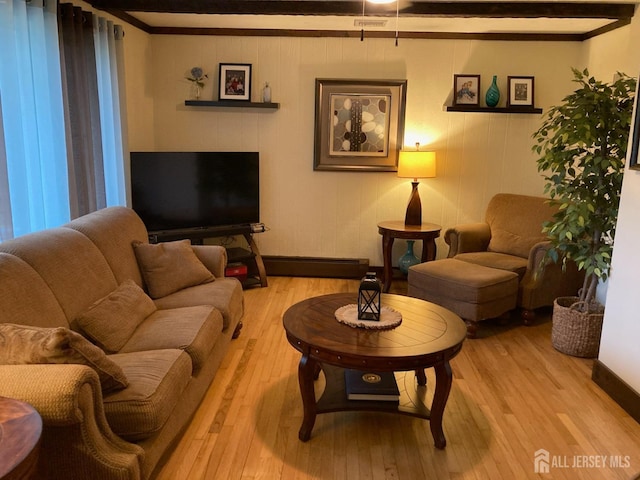 living room featuring light wood-type flooring, a baseboard radiator, baseboards, and crown molding