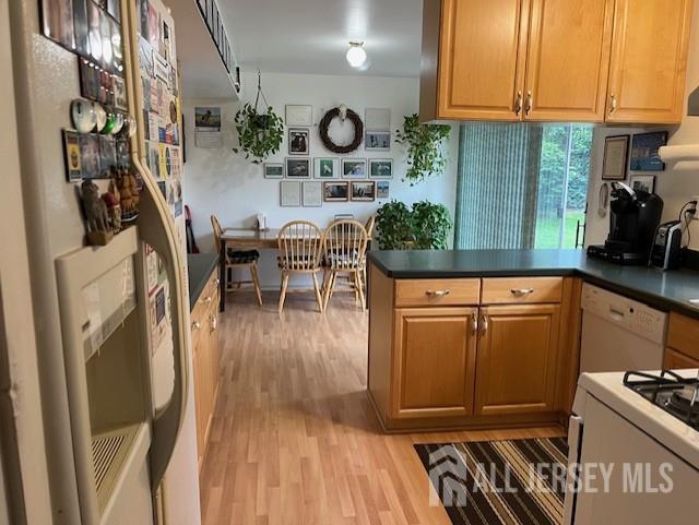 12 Landry Rd, Franklin, NJ 08873 - kitchen with light wood-style flooring, a peninsula, white appliances, and dark countertops